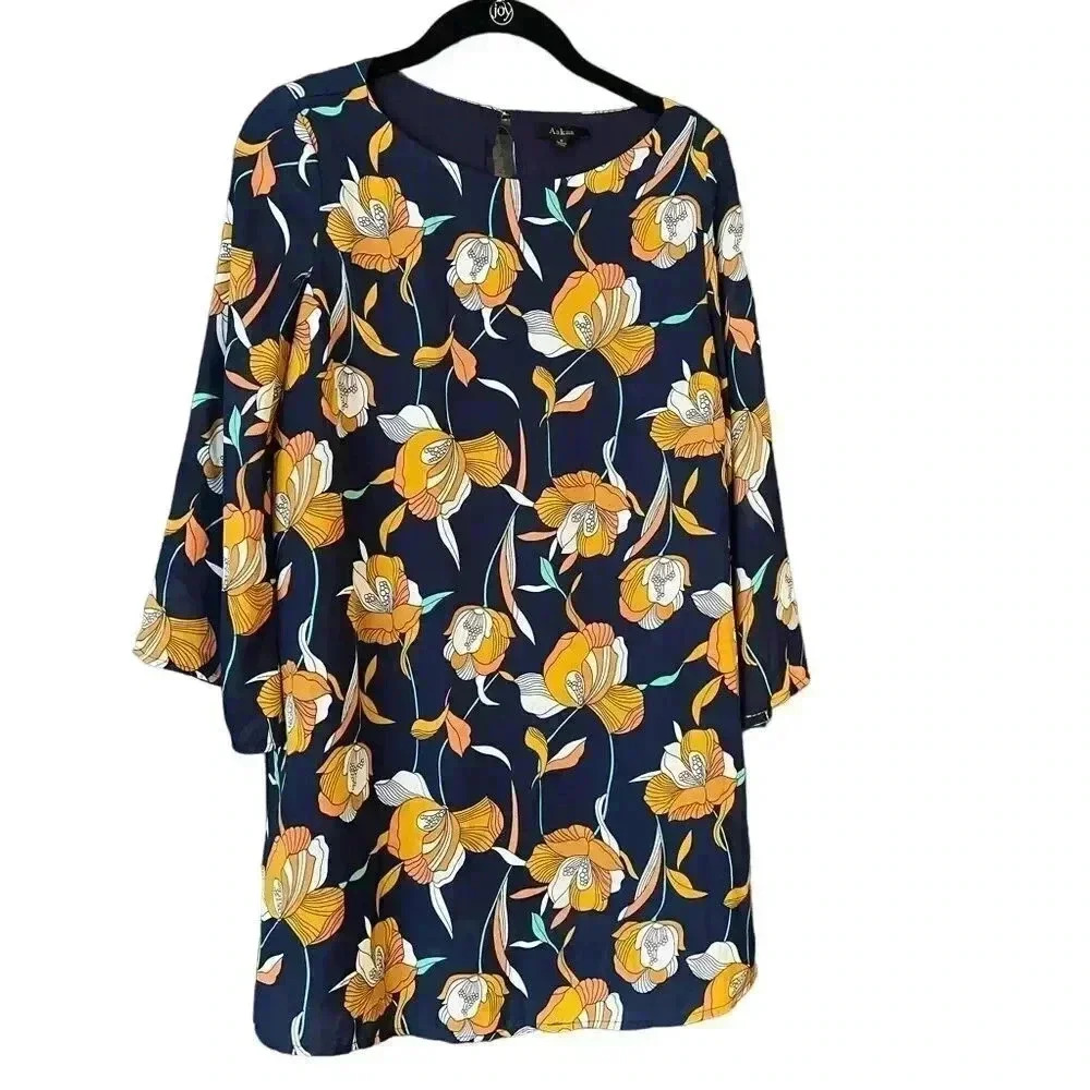 Vibrant Floral Midi Dress Long‎ Sleeve, work, going out, dressy E59